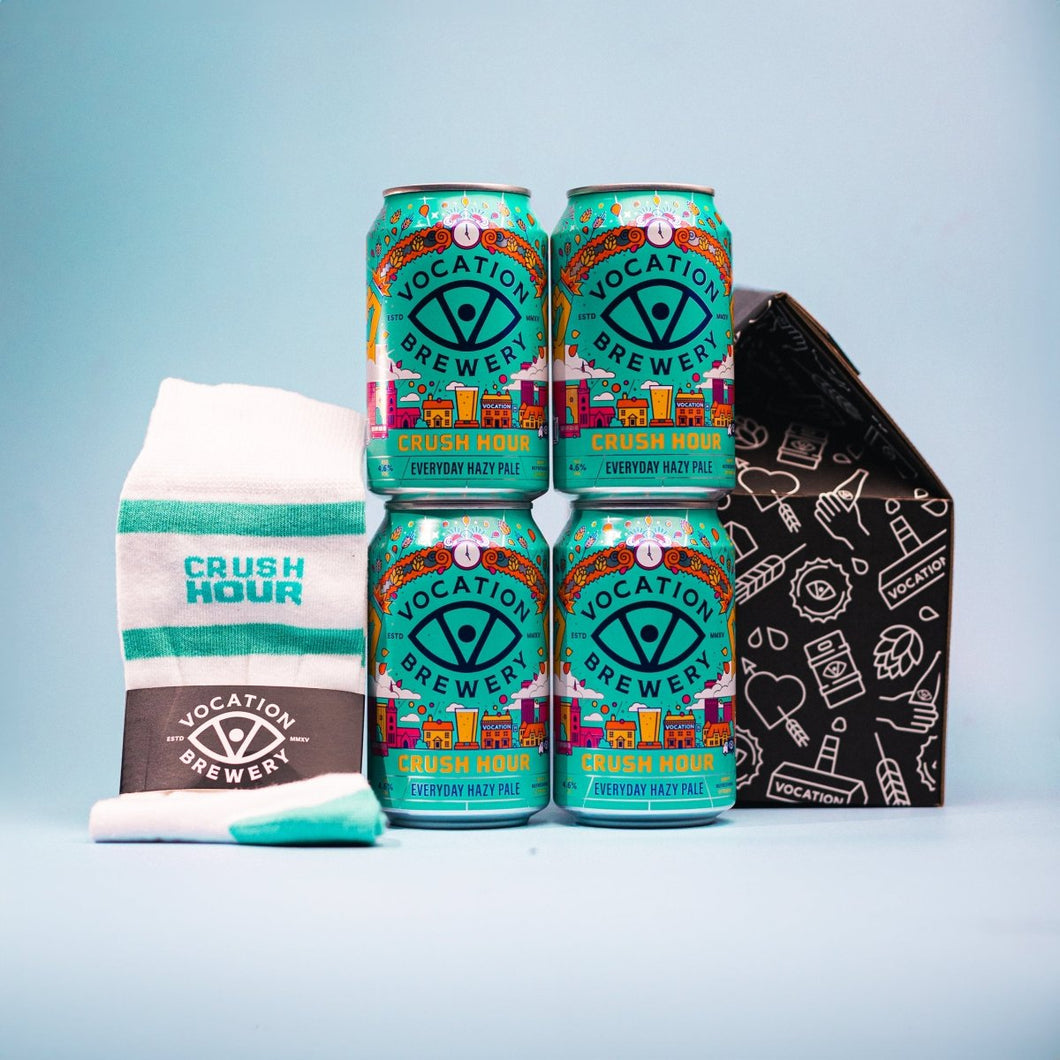 Crush Hour Beer & Socks Gift Set | Hazy Pale Gift Pack | 4 x 330ml & Socks - Vocation Brewery