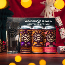 Load image into Gallery viewer, Vocation Naughty &amp; Nice Gift Set | Chocolate Stout Gift Pack | 3 x 440ml Cans &amp; Glass - Vocation Brewery
