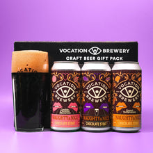 Load image into Gallery viewer, Vocation Naughty &amp; Nice Gift Set | Chocolate Stout Gift Pack | 3 x 440ml Cans &amp; Glass - Vocation Brewery
