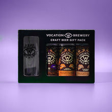 Load image into Gallery viewer, Vocation Naughty &amp; Nice Gift Set | Chocolate Stout Gift Pack | 3 x 440ml Cans &amp; Glass - Vocation Brewery
